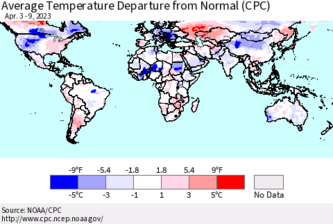 World Average Temperature Departure from Normal (CPC) Thematic Map For 4/3/2023 - 4/9/2023