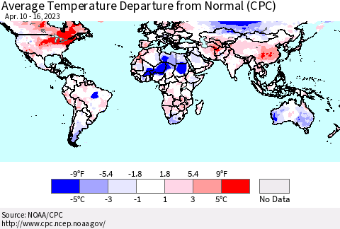 World Average Temperature Departure from Normal (CPC) Thematic Map For 4/10/2023 - 4/16/2023