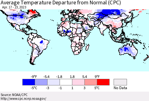 World Average Temperature Departure from Normal (CPC) Thematic Map For 4/17/2023 - 4/23/2023