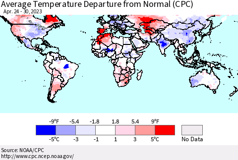World Average Temperature Departure from Normal (CPC) Thematic Map For 4/24/2023 - 4/30/2023