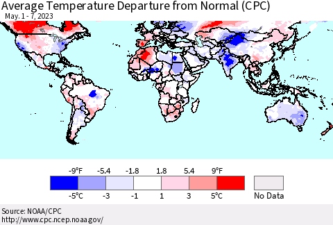 World Average Temperature Departure from Normal (CPC) Thematic Map For 5/1/2023 - 5/7/2023