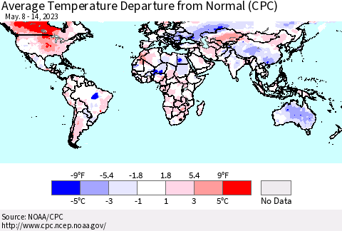 World Average Temperature Departure from Normal (CPC) Thematic Map For 5/8/2023 - 5/14/2023