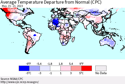 World Average Temperature Departure from Normal (CPC) Thematic Map For 5/15/2023 - 5/21/2023