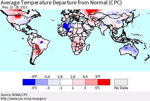 World Average Temperature Departure from Normal (CPC) Thematic Map For 5/22/2023 - 5/28/2023