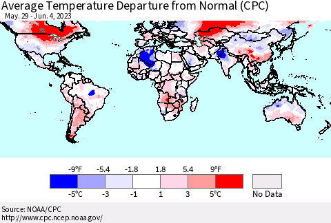 World Average Temperature Departure from Normal (CPC) Thematic Map For 5/29/2023 - 6/4/2023