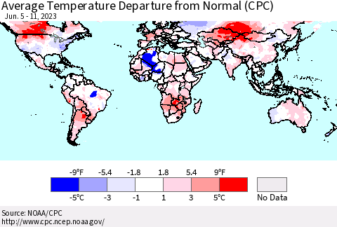 World Average Temperature Departure from Normal (CPC) Thematic Map For 6/5/2023 - 6/11/2023