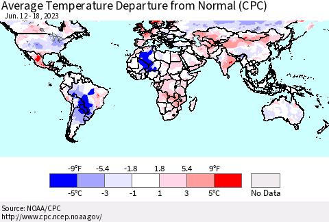 World Average Temperature Departure from Normal (CPC) Thematic Map For 6/12/2023 - 6/18/2023
