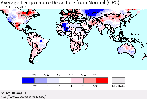 World Average Temperature Departure from Normal (CPC) Thematic Map For 6/19/2023 - 6/25/2023
