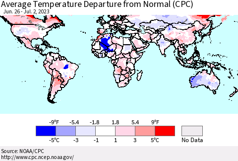 World Average Temperature Departure from Normal (CPC) Thematic Map For 6/26/2023 - 7/2/2023