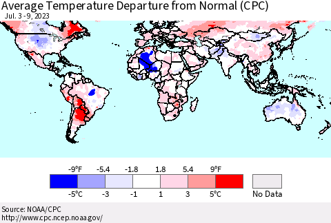 World Average Temperature Departure from Normal (CPC) Thematic Map For 7/3/2023 - 7/9/2023
