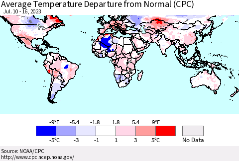 World Average Temperature Departure from Normal (CPC) Thematic Map For 7/10/2023 - 7/16/2023