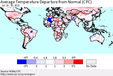World Average Temperature Departure from Normal (CPC) Thematic Map For 7/24/2023 - 7/30/2023