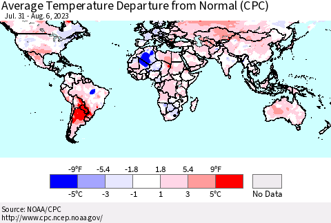 World Average Temperature Departure from Normal (CPC) Thematic Map For 7/31/2023 - 8/6/2023