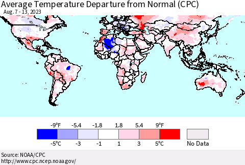 World Average Temperature Departure from Normal (CPC) Thematic Map For 8/7/2023 - 8/13/2023