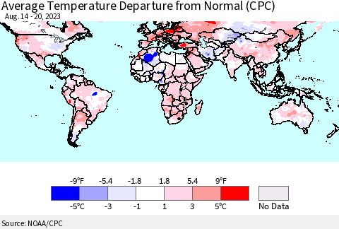 World Average Temperature Departure from Normal (CPC) Thematic Map For 8/14/2023 - 8/20/2023