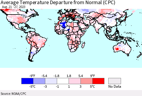 World Average Temperature Departure from Normal (CPC) Thematic Map For 8/21/2023 - 8/27/2023