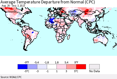 World Average Temperature Departure from Normal (CPC) Thematic Map For 8/28/2023 - 9/3/2023