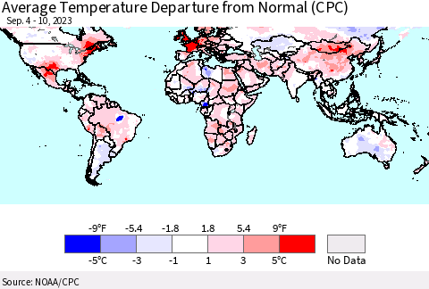 World Average Temperature Departure from Normal (CPC) Thematic Map For 9/4/2023 - 9/10/2023