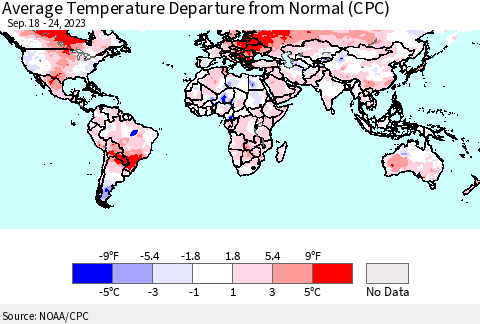 World Average Temperature Departure from Normal (CPC) Thematic Map For 9/18/2023 - 9/24/2023