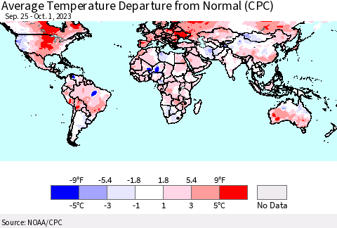 World Average Temperature Departure from Normal (CPC) Thematic Map For 9/25/2023 - 10/1/2023