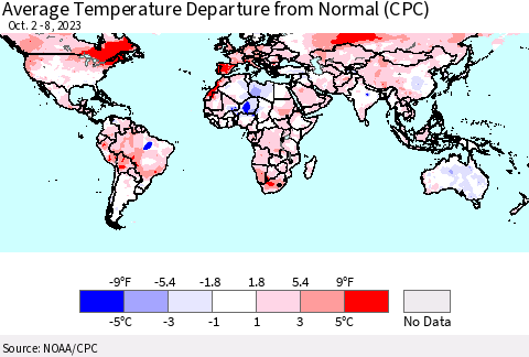 World Average Temperature Departure from Normal (CPC) Thematic Map For 10/2/2023 - 10/8/2023