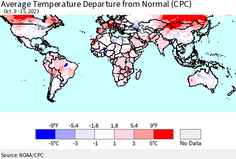 World Average Temperature Departure from Normal (CPC) Thematic Map For 10/9/2023 - 10/15/2023