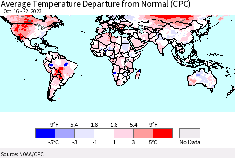 World Average Temperature Departure from Normal (CPC) Thematic Map For 10/16/2023 - 10/22/2023
