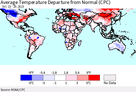 World Average Temperature Departure from Normal (CPC) Thematic Map For 10/23/2023 - 10/29/2023