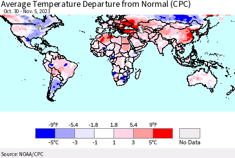 World Average Temperature Departure from Normal (CPC) Thematic Map For 10/30/2023 - 11/5/2023