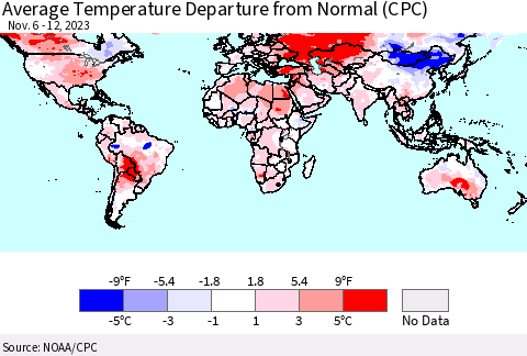World Average Temperature Departure from Normal (CPC) Thematic Map For 11/6/2023 - 11/12/2023