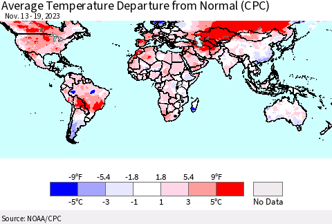 World Average Temperature Departure from Normal (CPC) Thematic Map For 11/13/2023 - 11/19/2023