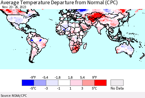 World Average Temperature Departure from Normal (CPC) Thematic Map For 11/20/2023 - 11/26/2023
