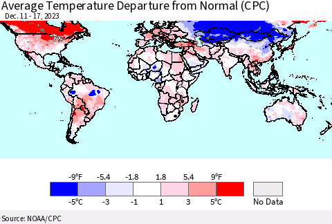 World Average Temperature Departure from Normal (CPC) Thematic Map For 12/11/2023 - 12/17/2023
