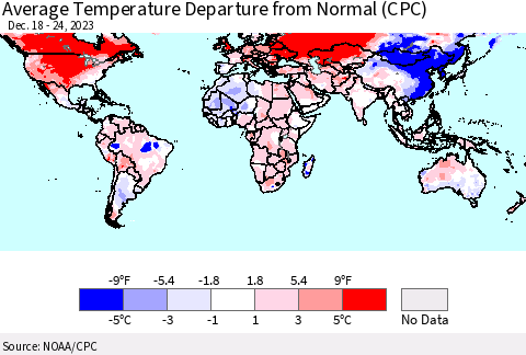 World Average Temperature Departure from Normal (CPC) Thematic Map For 12/18/2023 - 12/24/2023