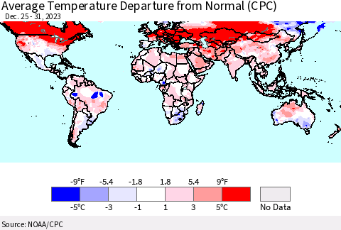 World Average Temperature Departure from Normal (CPC) Thematic Map For 12/25/2023 - 12/31/2023