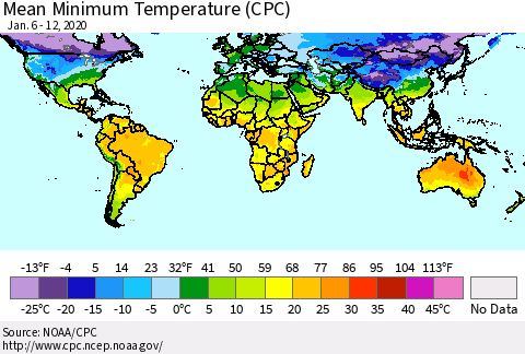 World Mean Minimum Temperature (CPC) Thematic Map For 1/6/2020 - 1/12/2020