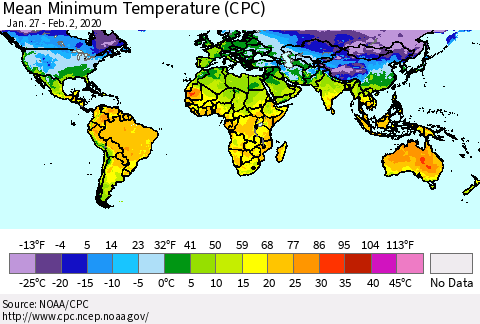 World Mean Minimum Temperature (CPC) Thematic Map For 1/27/2020 - 2/2/2020