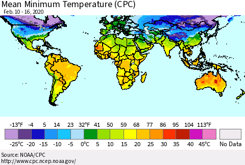 World Mean Minimum Temperature (CPC) Thematic Map For 2/10/2020 - 2/16/2020