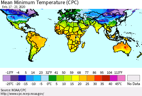 World Mean Minimum Temperature (CPC) Thematic Map For 2/17/2020 - 2/23/2020