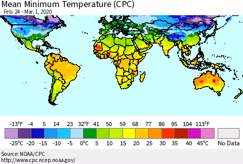 World Mean Minimum Temperature (CPC) Thematic Map For 2/24/2020 - 3/1/2020