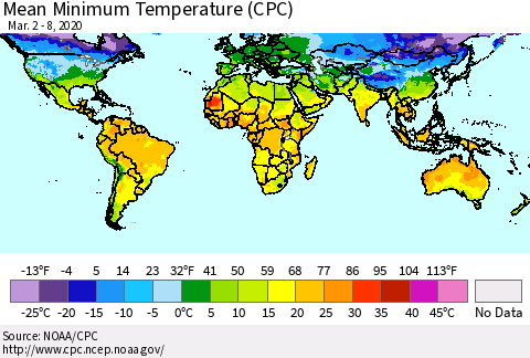 World Mean Minimum Temperature (CPC) Thematic Map For 3/2/2020 - 3/8/2020