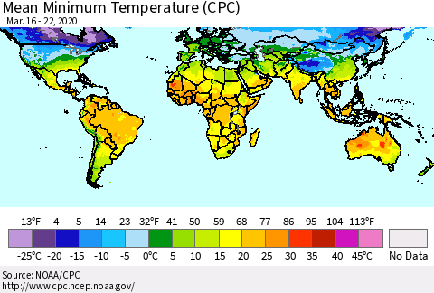 World Mean Minimum Temperature (CPC) Thematic Map For 3/16/2020 - 3/22/2020