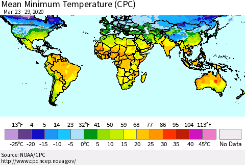World Mean Minimum Temperature (CPC) Thematic Map For 3/23/2020 - 3/29/2020