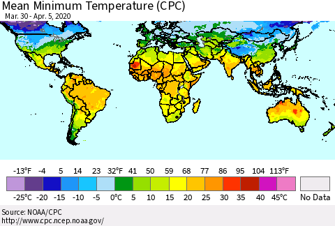 World Mean Minimum Temperature (CPC) Thematic Map For 3/30/2020 - 4/5/2020