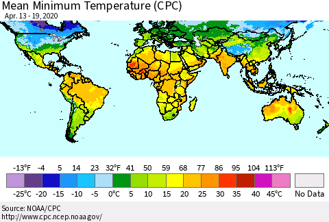 World Mean Minimum Temperature (CPC) Thematic Map For 4/13/2020 - 4/19/2020