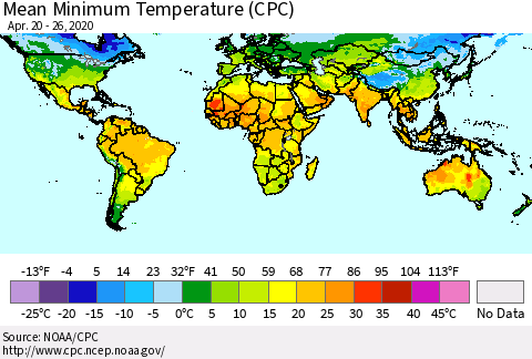 World Mean Minimum Temperature (CPC) Thematic Map For 4/20/2020 - 4/26/2020
