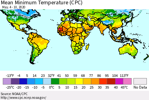World Mean Minimum Temperature (CPC) Thematic Map For 5/4/2020 - 5/10/2020