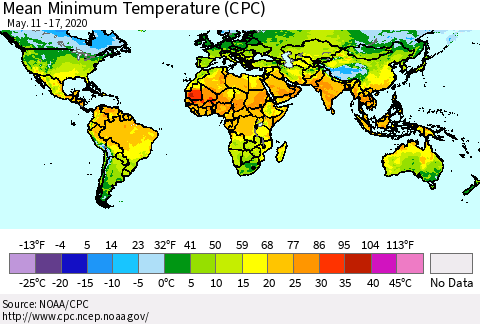 World Mean Minimum Temperature (CPC) Thematic Map For 5/11/2020 - 5/17/2020