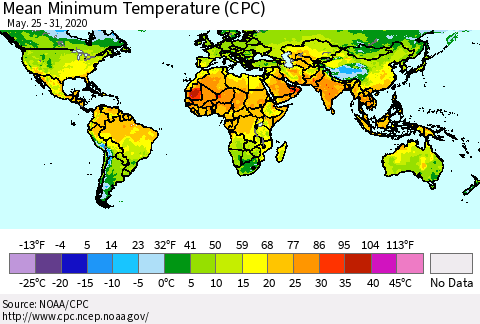 World Mean Minimum Temperature (CPC) Thematic Map For 5/25/2020 - 5/31/2020