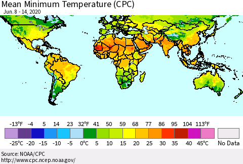 World Mean Minimum Temperature (CPC) Thematic Map For 6/8/2020 - 6/14/2020